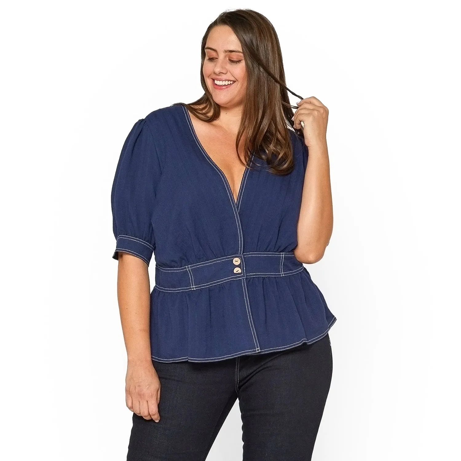 Women's Plus Size Puff Shoulder Button Front Peplum Top in Navy