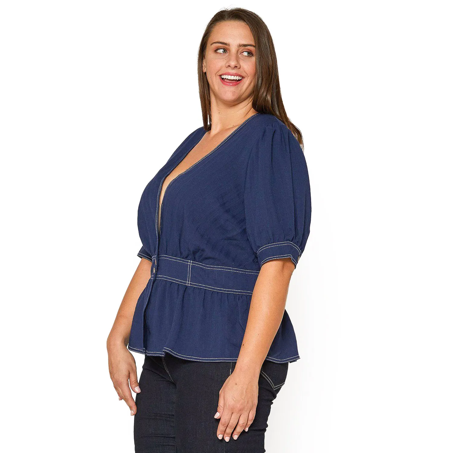 Women's Plus Size Puff Shoulder Button Front Peplum Top in Navy
