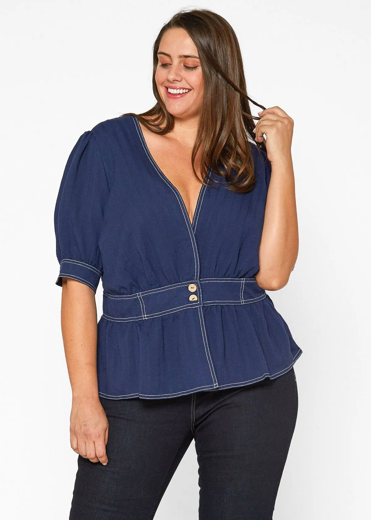 Women's Plus Size Puff Shoulder Button Front Peplum Top in Navy