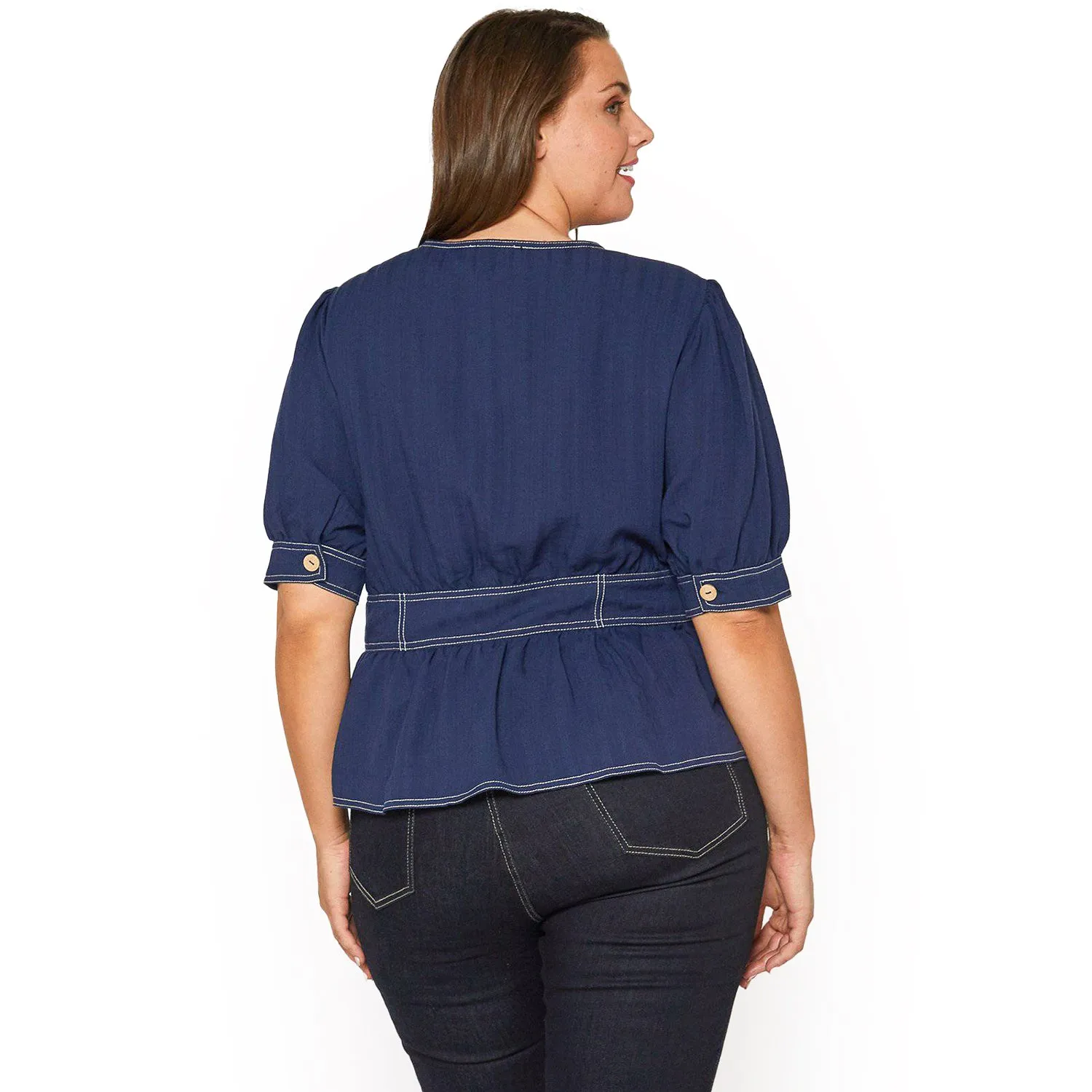 Women's Plus Size Puff Shoulder Button Front Peplum Top in Navy