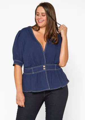 Women's Plus Size Puff Shoulder Button Front Peplum Top in Navy