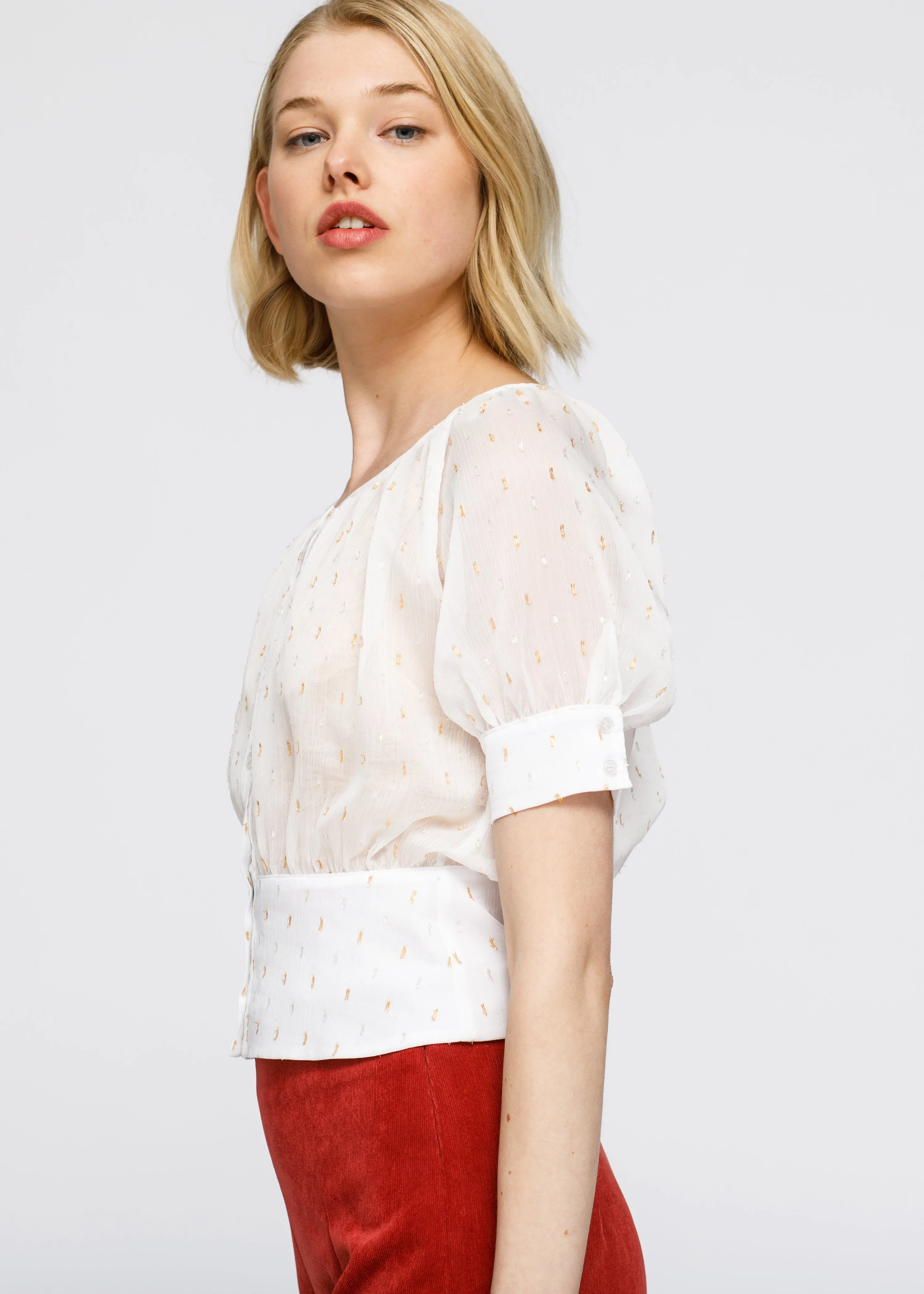 Women's Sheer Puff Shoulder Crop Top Blouse In White