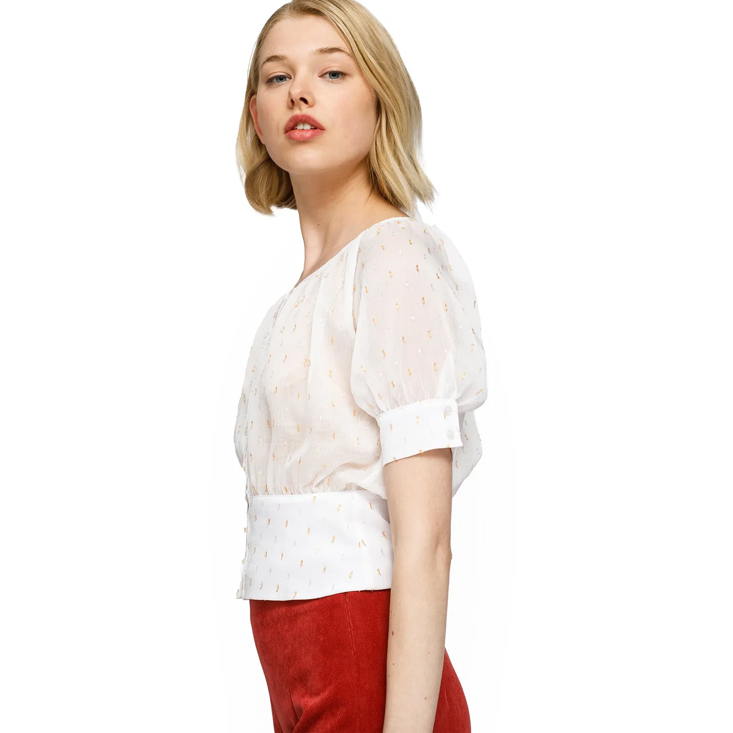 Women's Sheer Puff Shoulder Crop Top Blouse In White