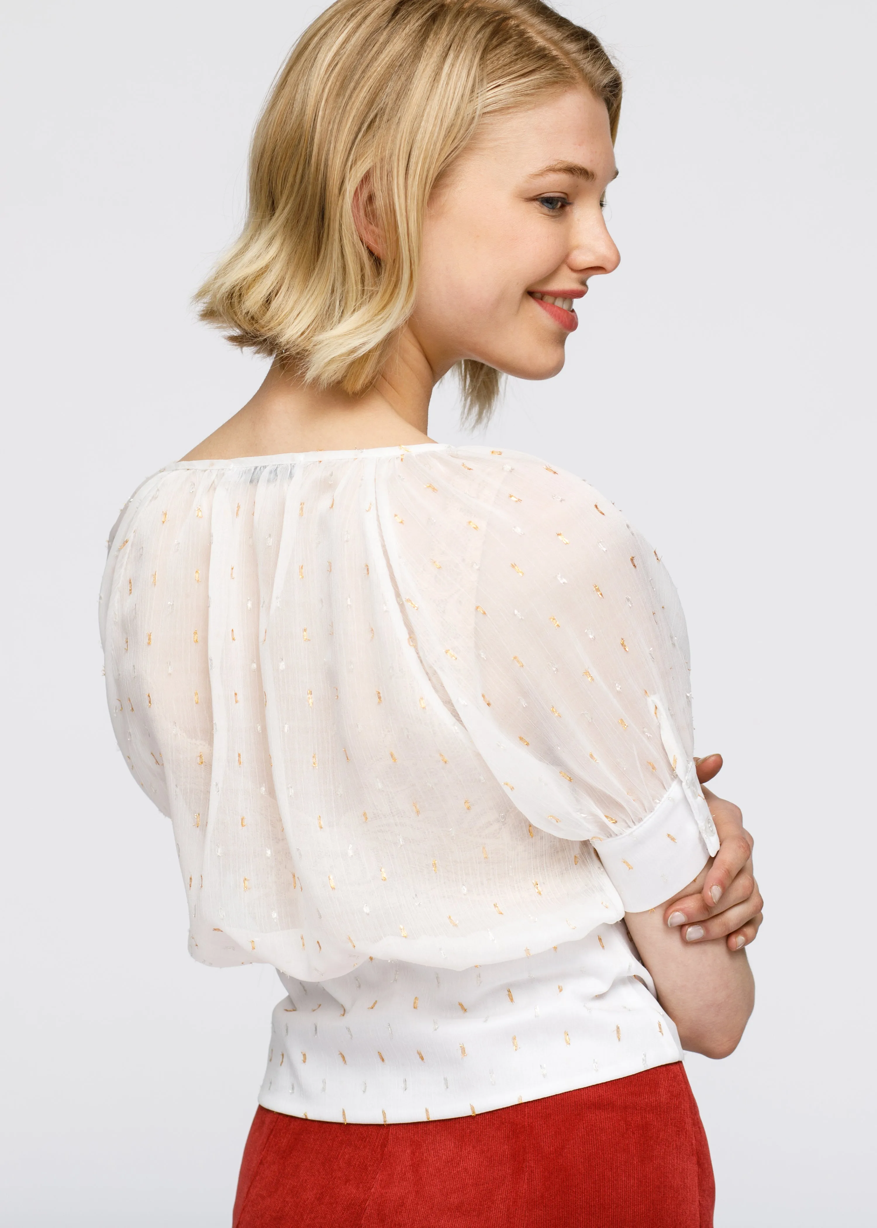 Women's Sheer Puff Shoulder Crop Top Blouse In White