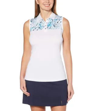 Womens Sleeveless Liquid Blue Print Polo