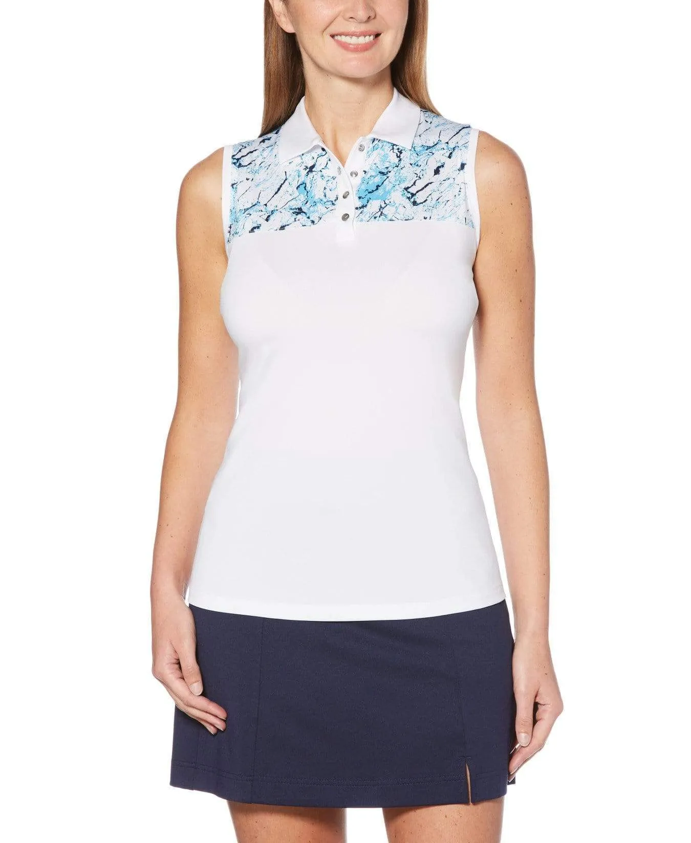 Womens Sleeveless Liquid Blue Print Polo