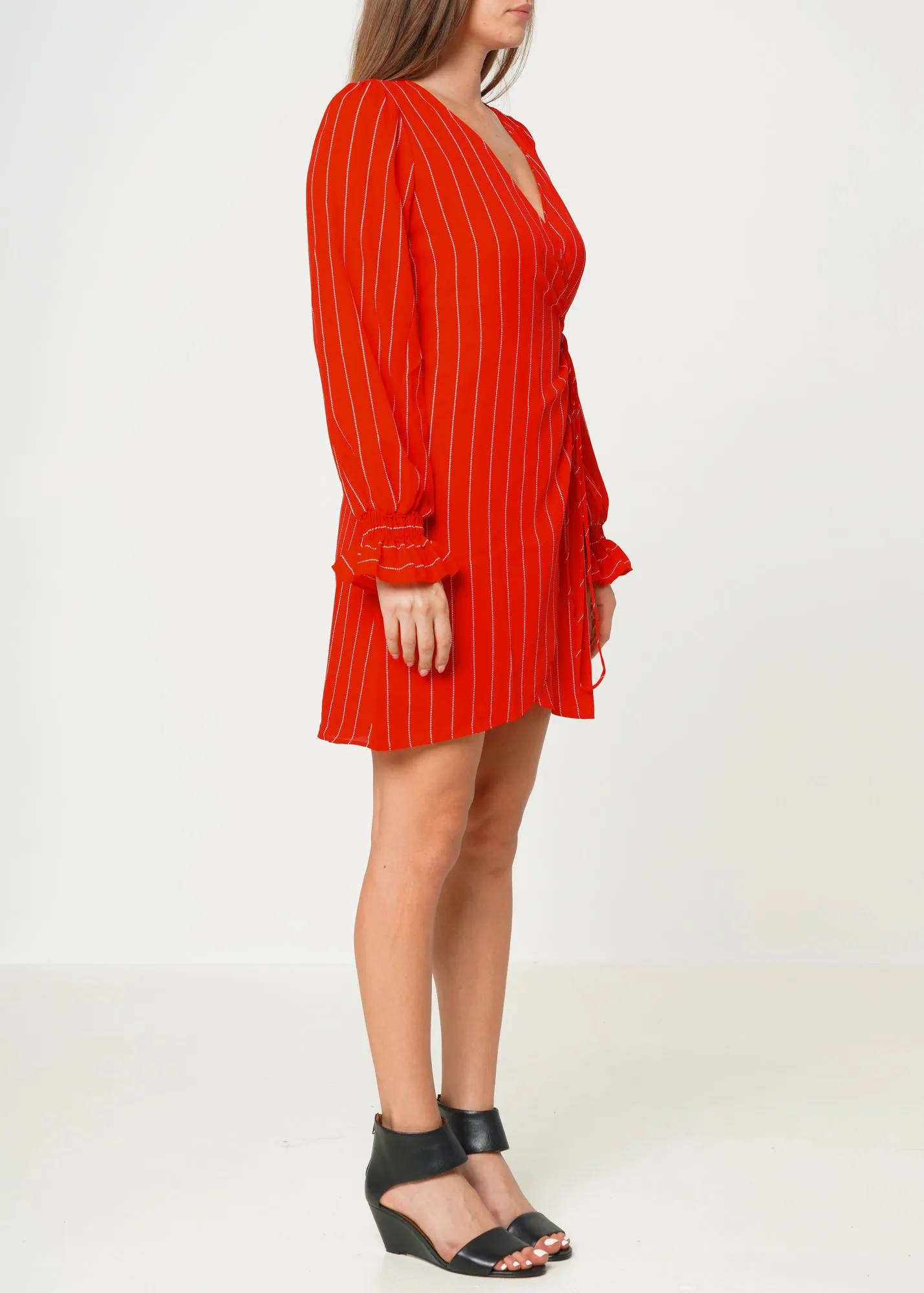 Women's Smocked Bell Sleeve Wrap Dress in Red