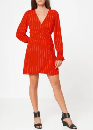 Women's Smocked Bell Sleeve Wrap Dress in Red