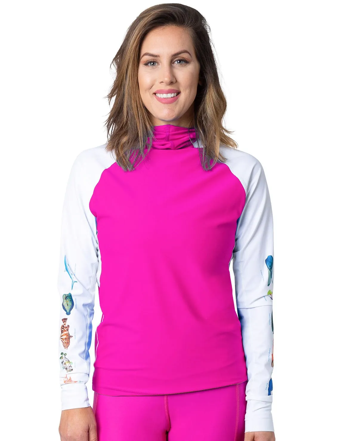 Women's Snorkel Hoodie Rash Guard - Caribbean Fish ID - Fuchsia