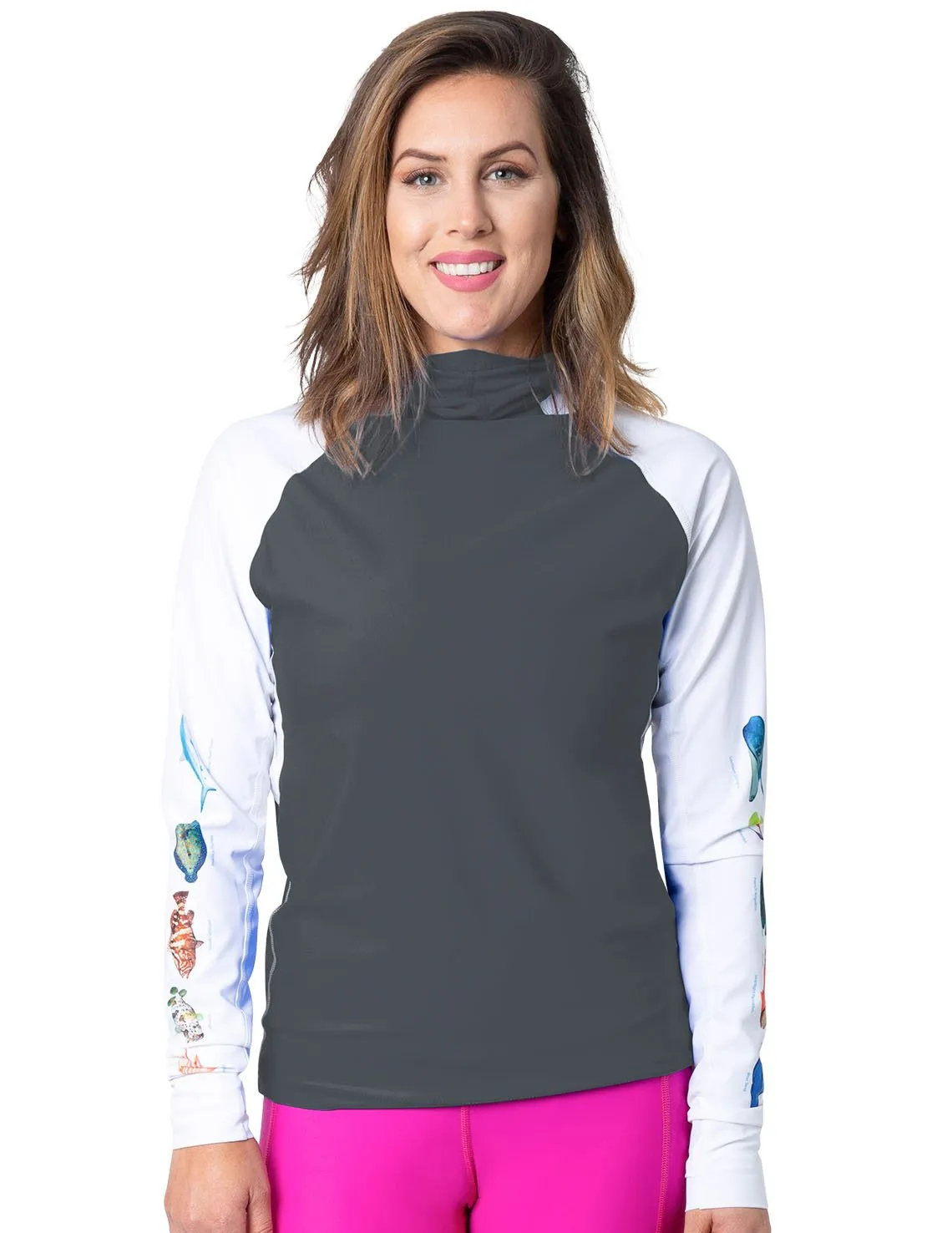 Women's Snorkel Hoodie Rash Guard - Caribbean Fish ID - Gray