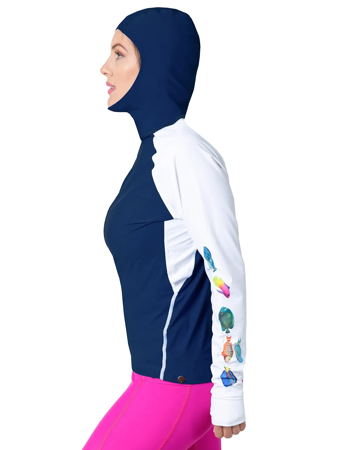 Women's Snorkel Hoodie Rash Guard - Caribbean Fish ID - Navy