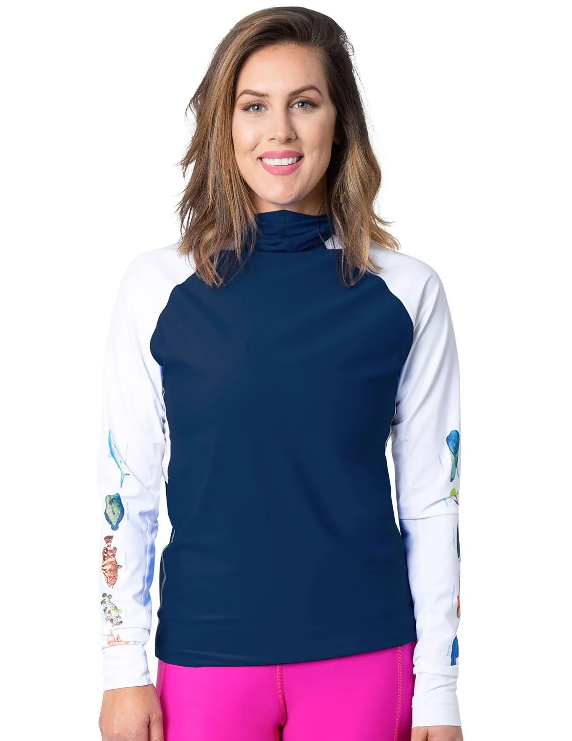 Women's Snorkel Hoodie Rash Guard - Caribbean Fish ID - Navy