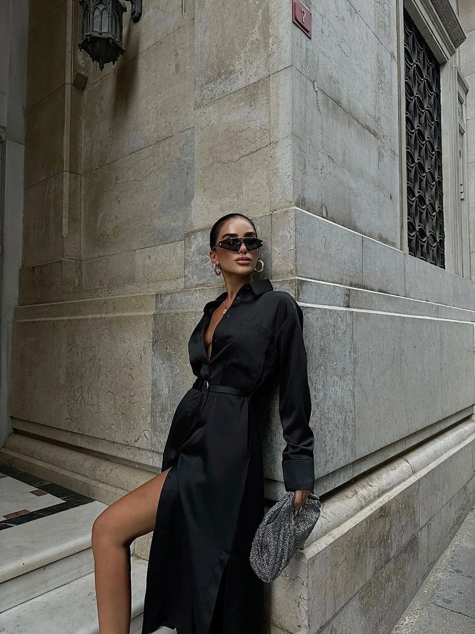 Women's Sophisticated Satin Long Sleeve Belted Shirt Dress
