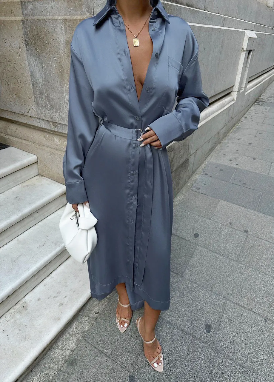 Women's Sophisticated Satin Long Sleeve Belted Shirt Dress
