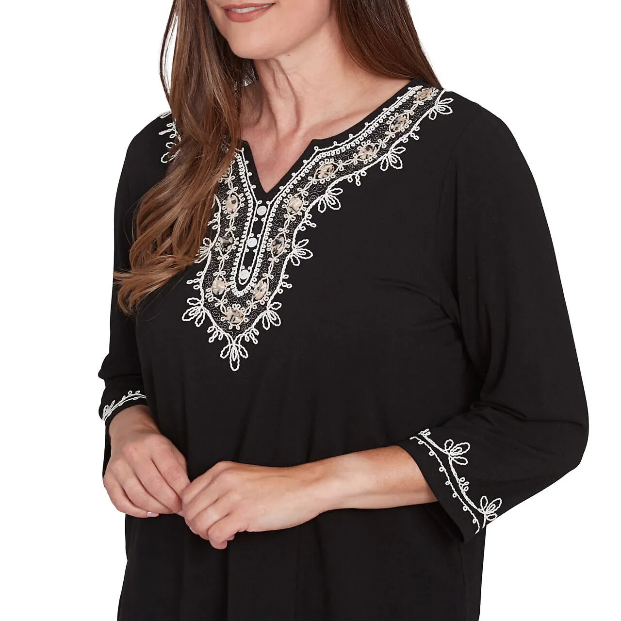 Women's Split Neck Scroll Embroidered Top - 81453