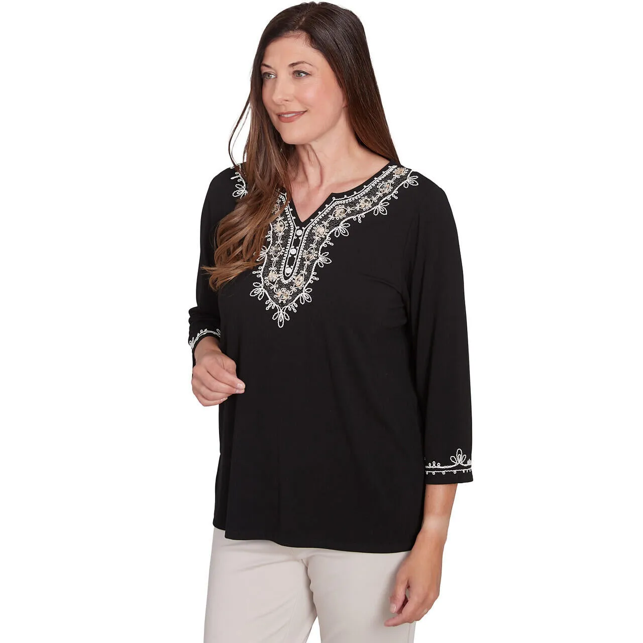 Women's Split Neck Scroll Embroidered Top - 81453