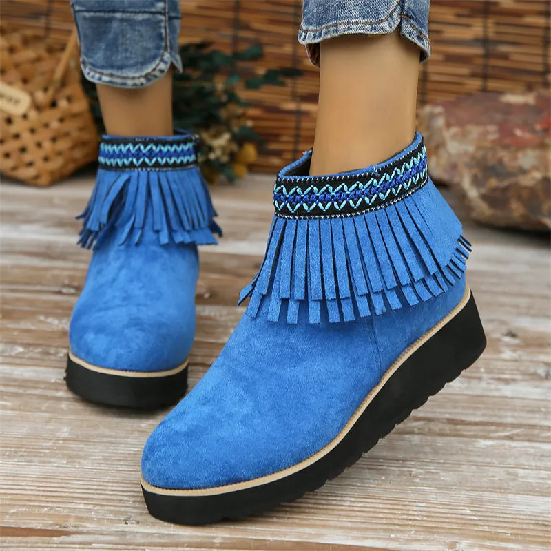 Women's Stylish Suede Round Toe Ethnic Tassel Ankle Boots