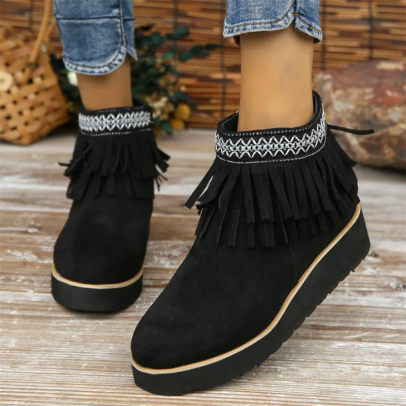Women's Stylish Suede Round Toe Ethnic Tassel Ankle Boots