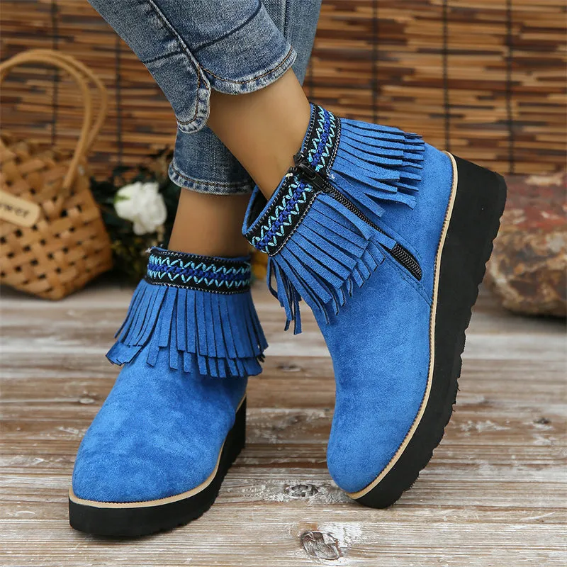 Women's Stylish Suede Round Toe Ethnic Tassel Ankle Boots