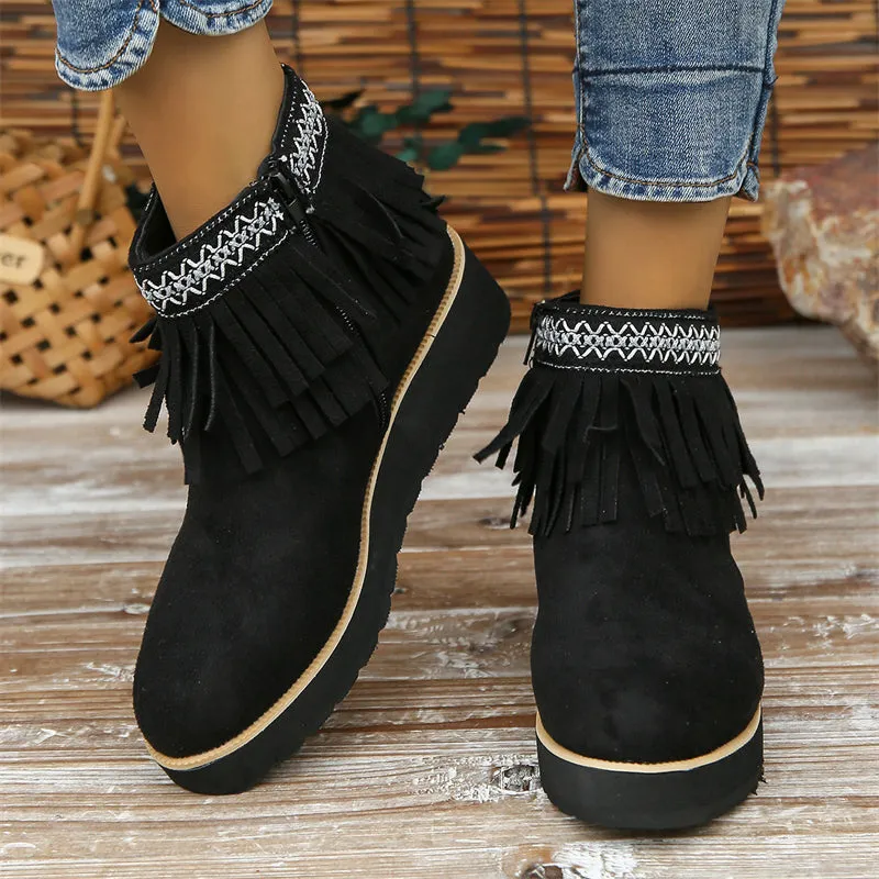 Women's Stylish Suede Round Toe Ethnic Tassel Ankle Boots