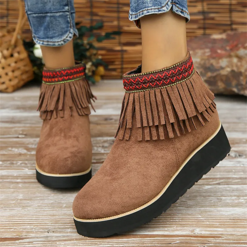 Women's Stylish Suede Round Toe Ethnic Tassel Ankle Boots