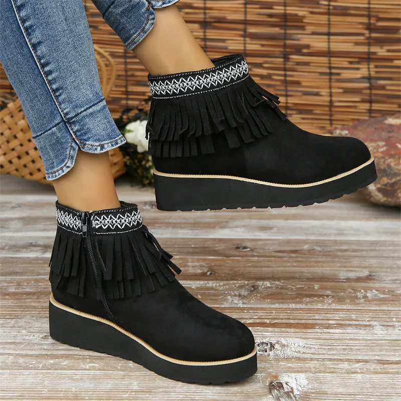 Women's Stylish Suede Round Toe Ethnic Tassel Ankle Boots