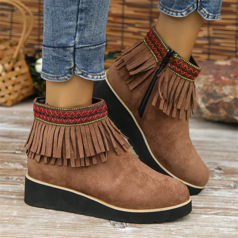 Women's Stylish Suede Round Toe Ethnic Tassel Ankle Boots