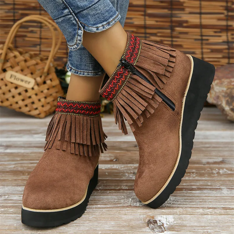 Women's Stylish Suede Round Toe Ethnic Tassel Ankle Boots
