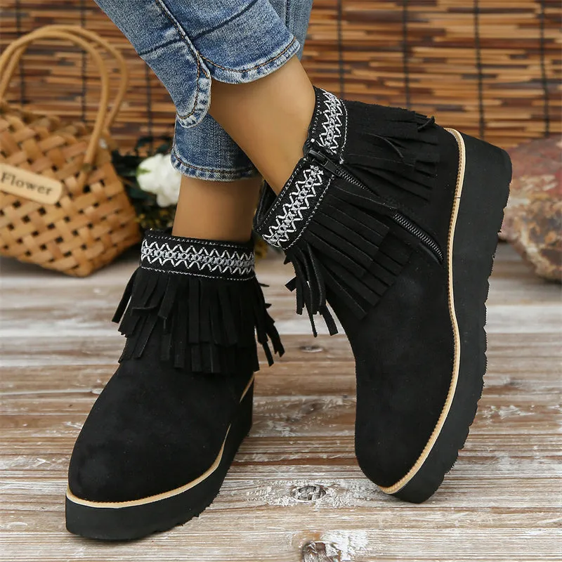 Women's Stylish Suede Round Toe Ethnic Tassel Ankle Boots