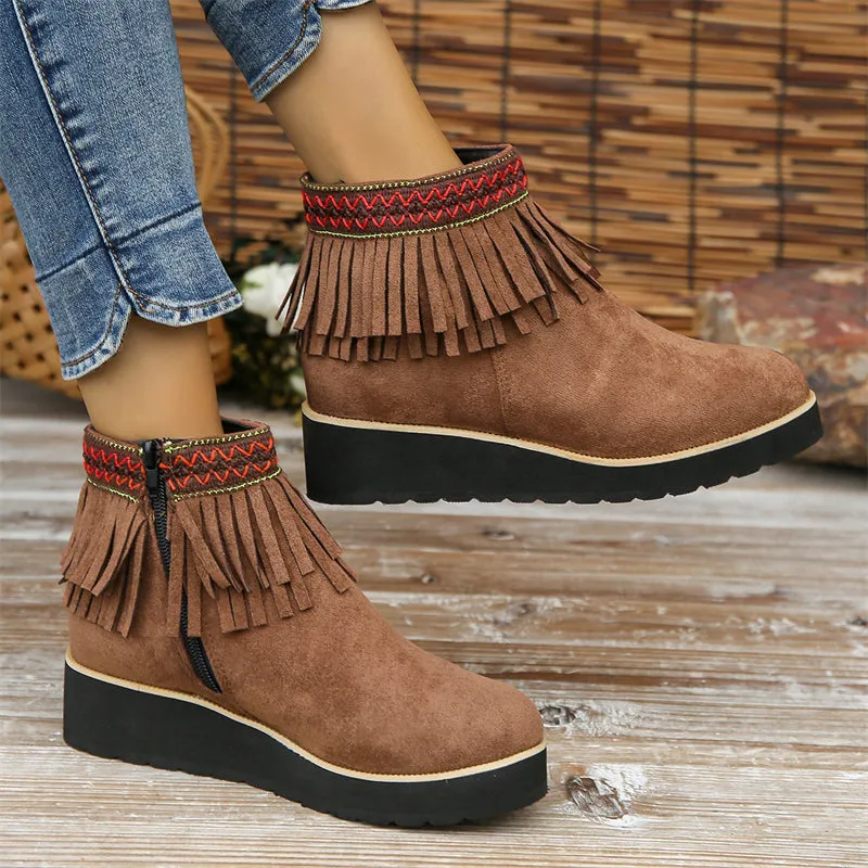 Women's Stylish Suede Round Toe Ethnic Tassel Ankle Boots