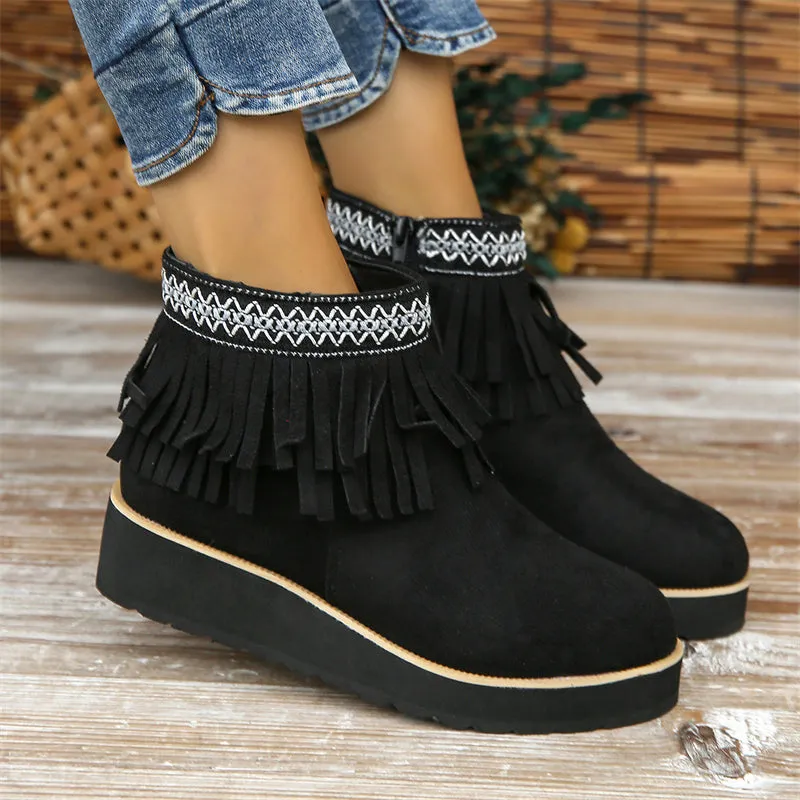 Women's Stylish Suede Round Toe Ethnic Tassel Ankle Boots