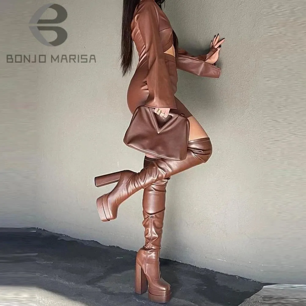 Women's Thigh High Boots Double Platform Block High Heels Over The Knee Boots Zipper Sexy and Chic High Boots