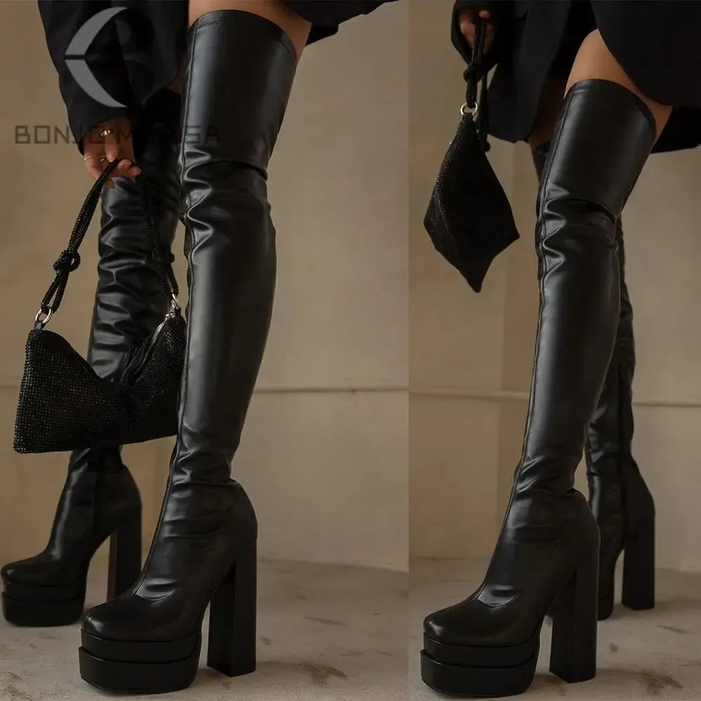 Women's Thigh High Boots Double Platform Block High Heels Over The Knee Boots Zipper Sexy and Chic High Boots