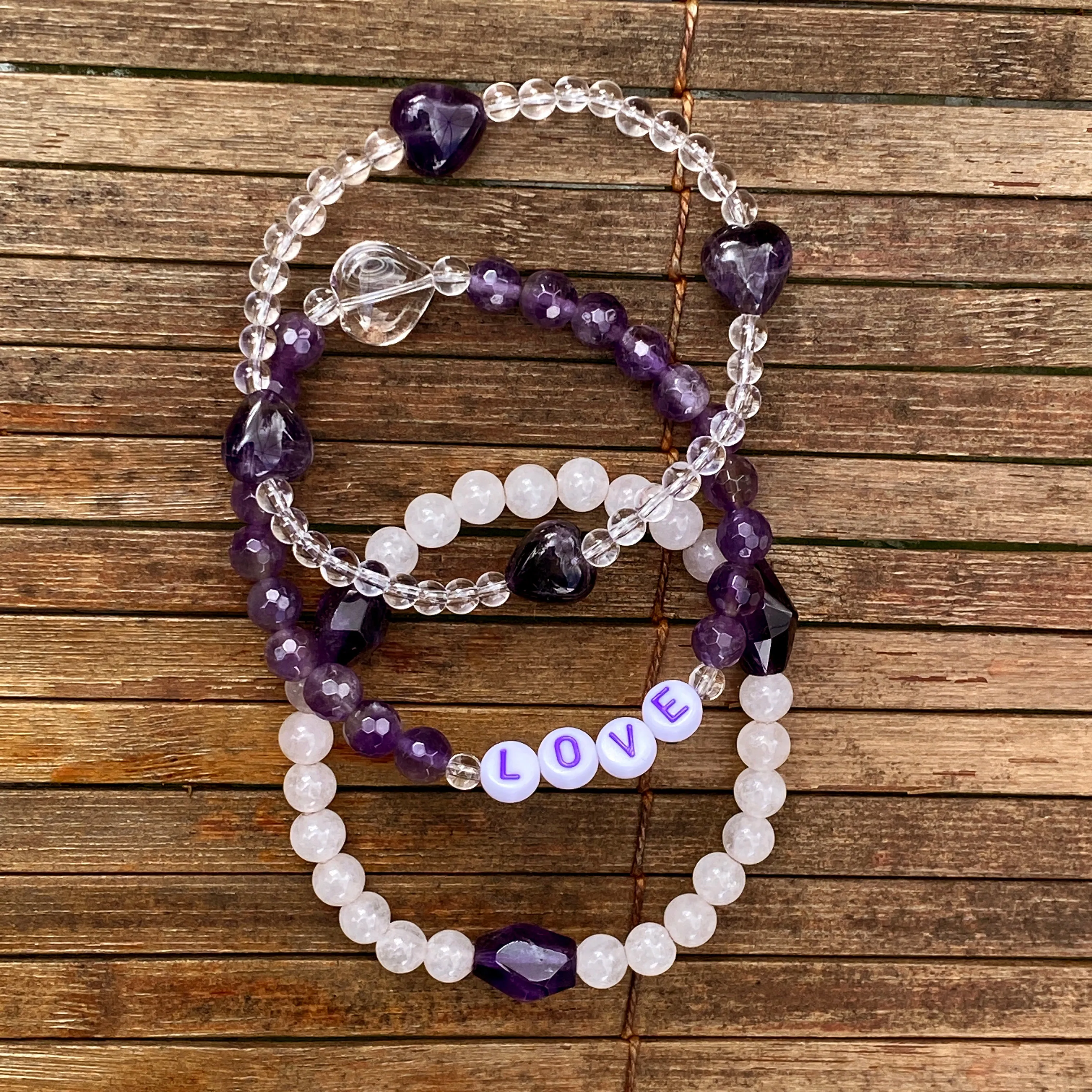 Women's Three Purple Gemstone "LOVE" bracelet stack made of white Jade, Amethyst, clear Quartz
