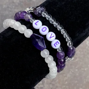 Women's Three Purple Gemstone "LOVE" bracelet stack made of white Jade, Amethyst, clear Quartz
