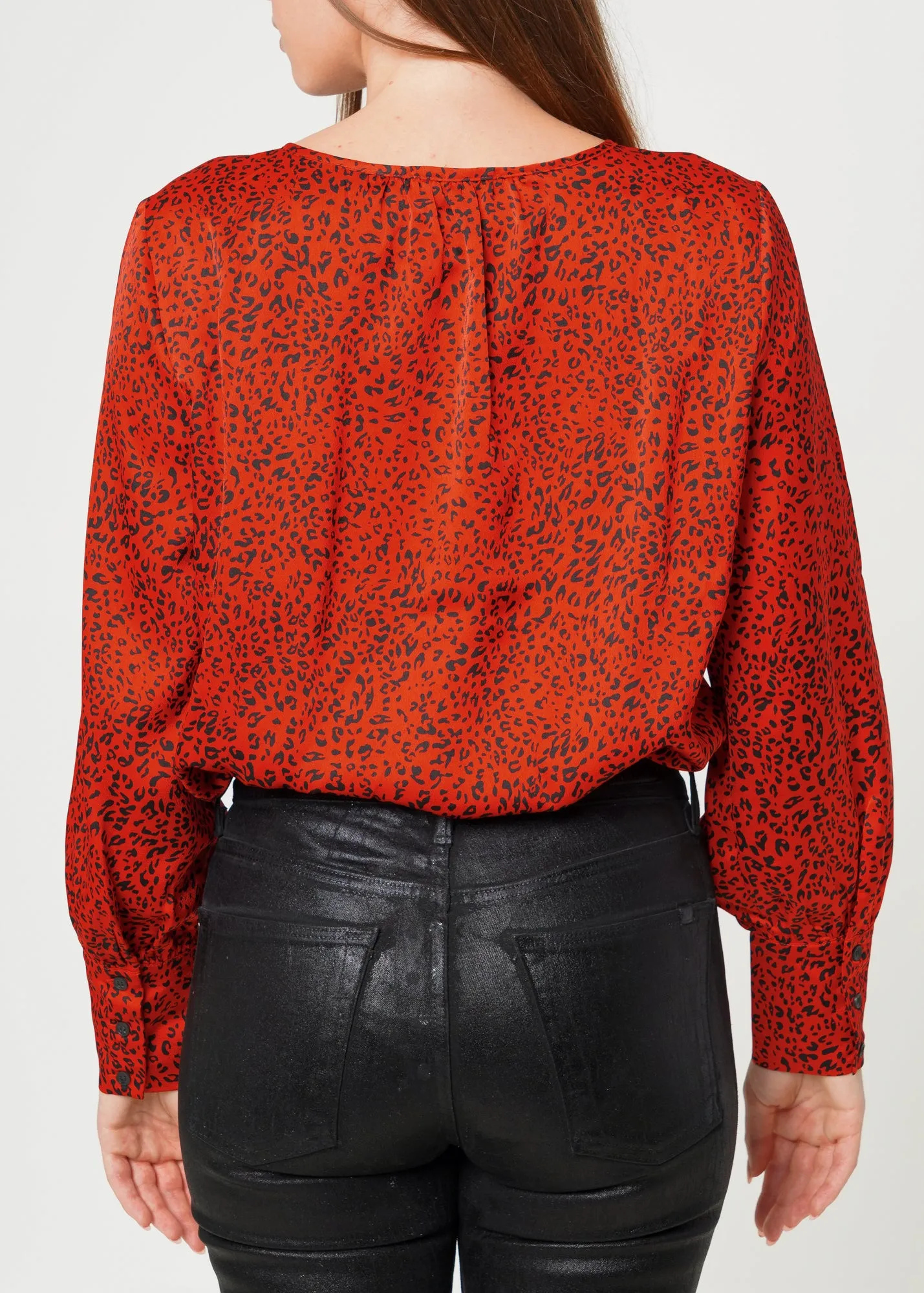 Women's Tie-neck Long Sleeve Bodysuit in Red Leopard