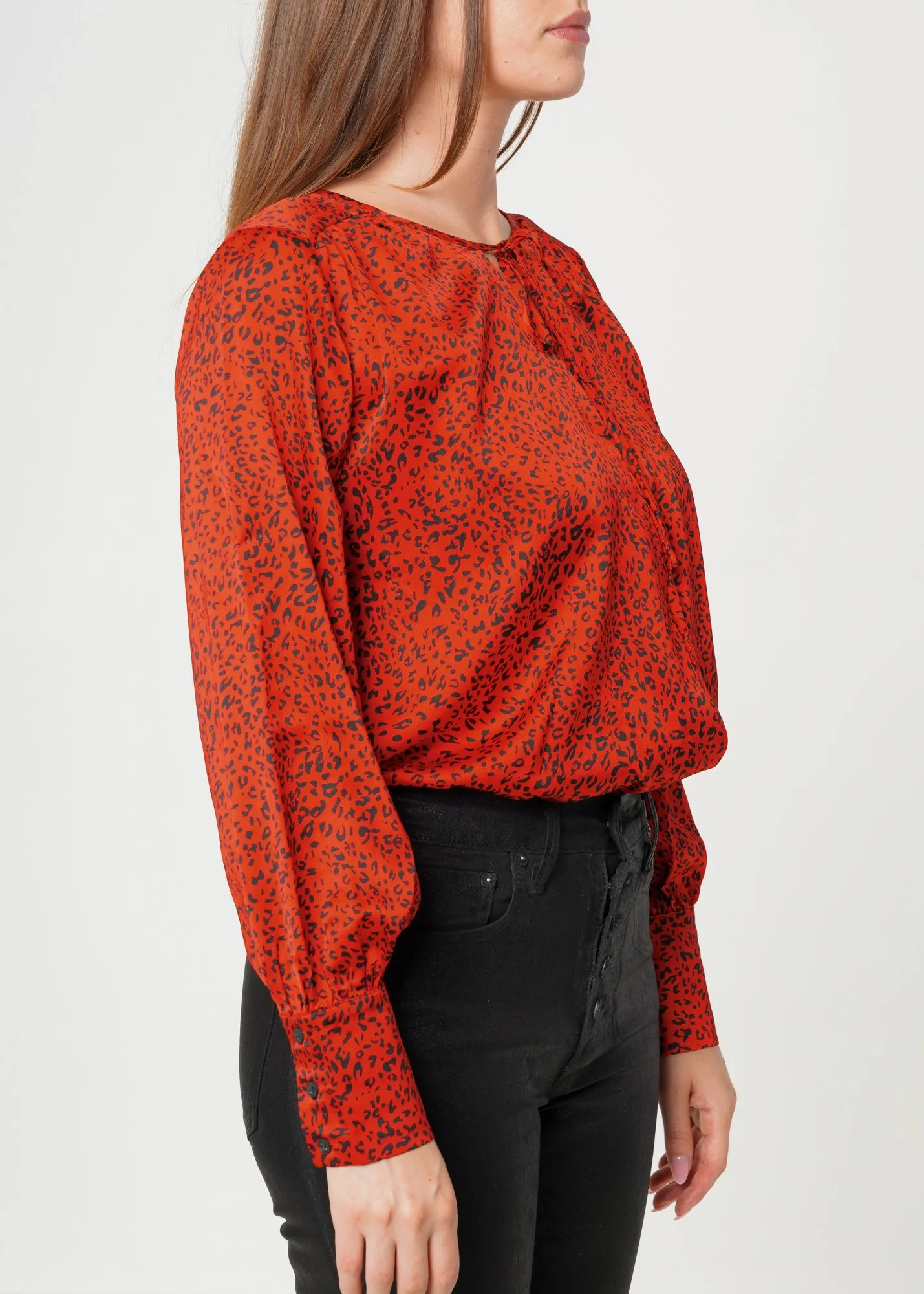 Women's Tie-neck Long Sleeve Bodysuit in Red Leopard