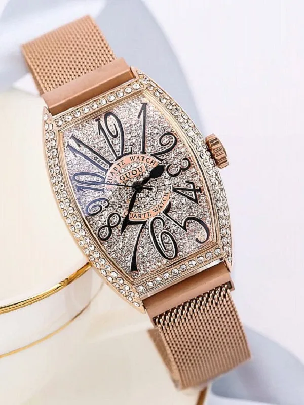 Women's Watch Retro Barrel-shaped Full Rhinestone Milan strap elegant watch