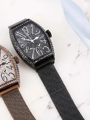 Women's Watch Retro Barrel-shaped Full Rhinestone Milan strap elegant watch