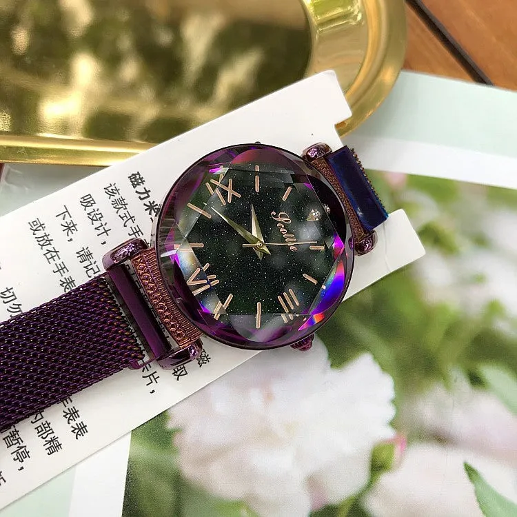 Women's Watch Rhombus-shaped Mirror purple dial Magnet Strap fashion watch
