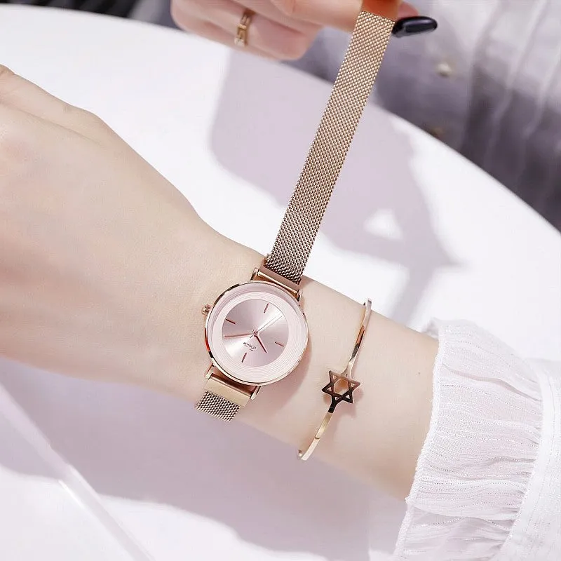 Women's Watch Rose gold printed round dial milan strap simple watch