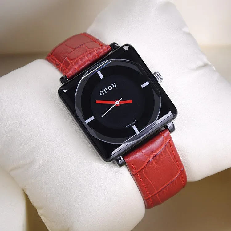 Women's Watch square black dial leather strap stylish watch