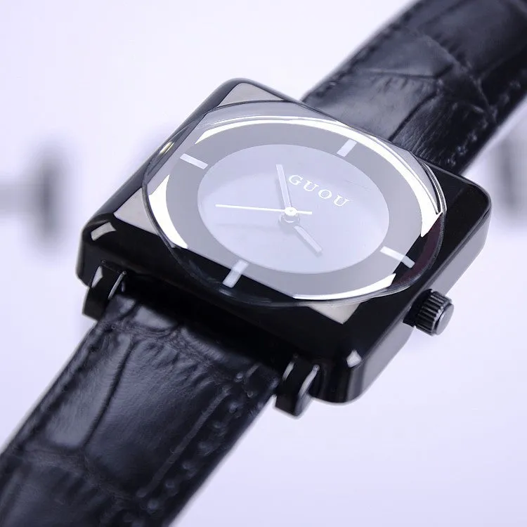 Women's Watch square black dial leather strap stylish watch