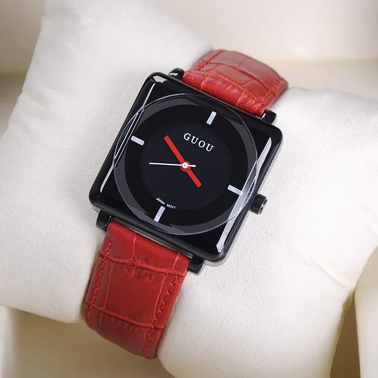 Women's Watch square black dial leather strap stylish watch
