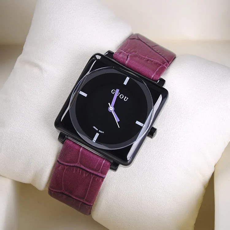 Women's Watch square black dial leather strap stylish watch