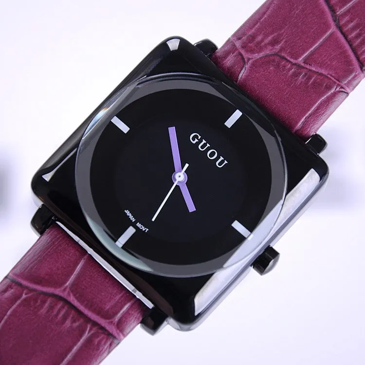 Women's Watch square black dial leather strap stylish watch