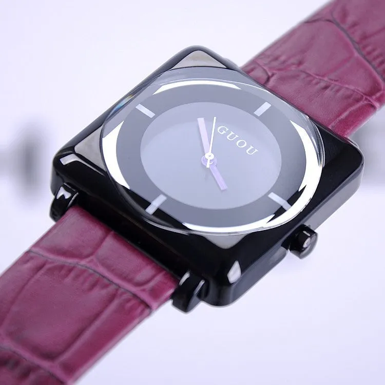 Women's Watch square black dial leather strap stylish watch