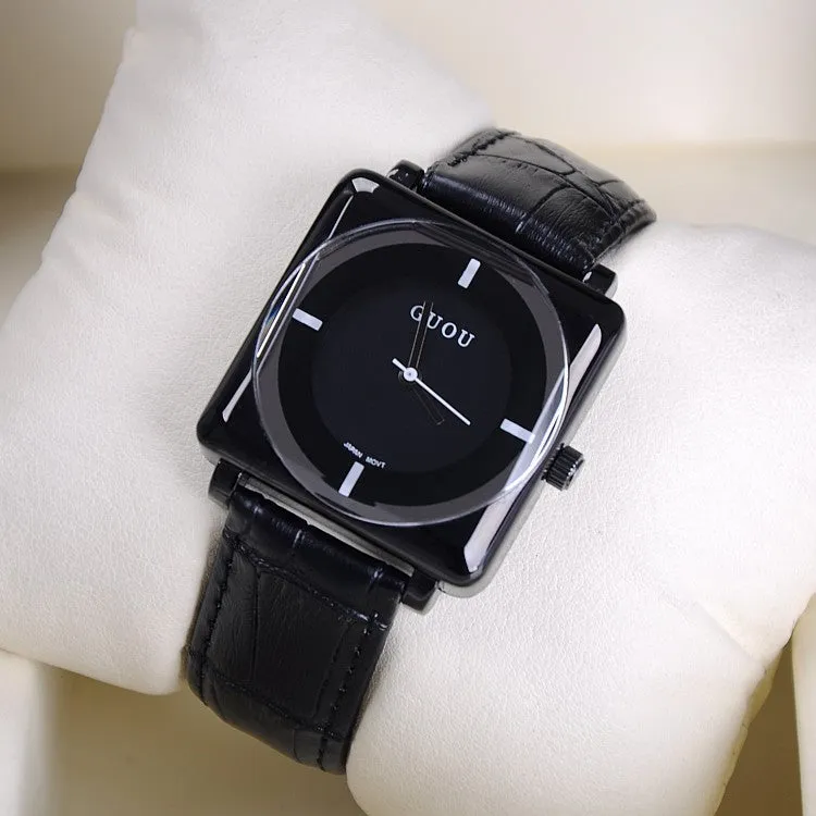 Women's Watch square black dial leather strap stylish watch