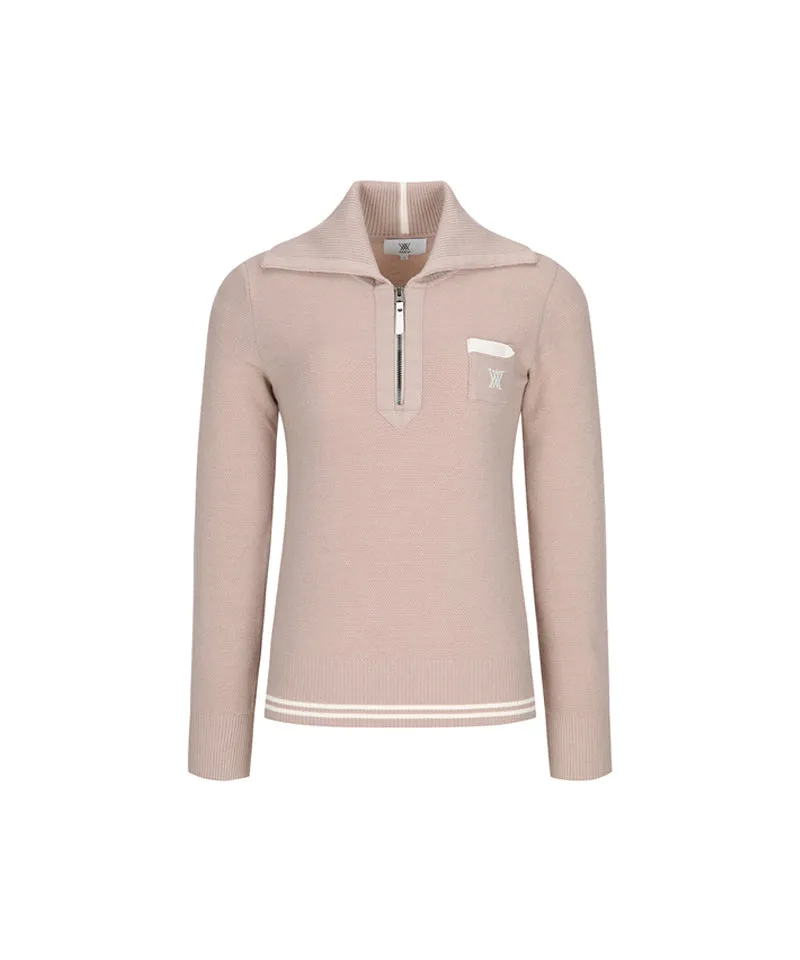 Women's Wide Collar Half Zip-Up Pullover - Light Beige