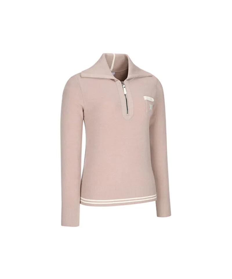 Women's Wide Collar Half Zip-Up Pullover - Light Beige